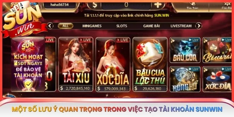 Một số lưu ý quan trọng trong việc tạo tài khoản Sunwin